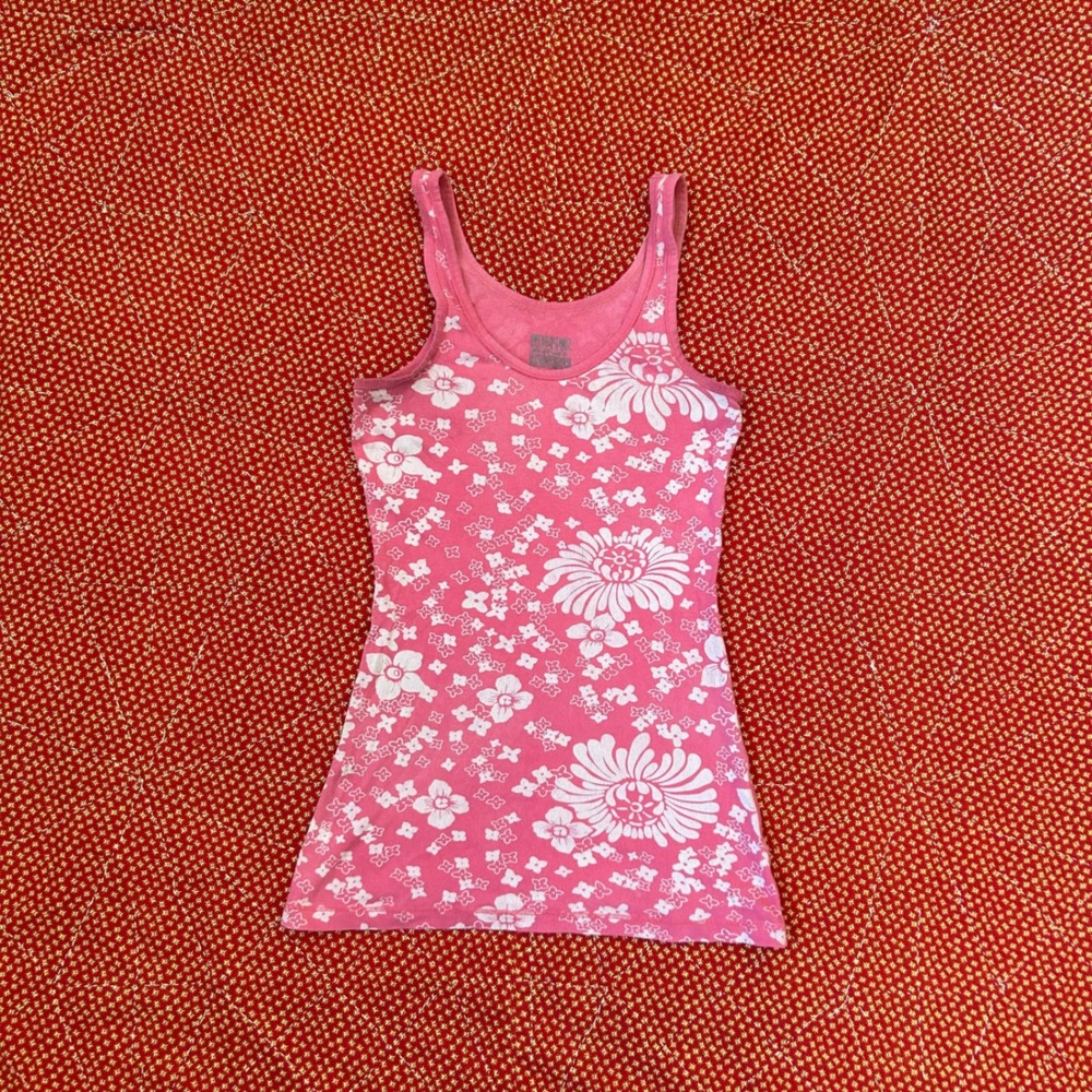 Mossimo Supply Co Pink Floral Ribbed Tank Top Women Small Y2K Indie Twee